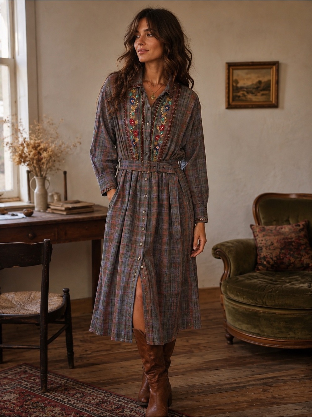 Vintage Styleworks Button Front Plaid Cotton Midi Belted Dress Floral Embroidery